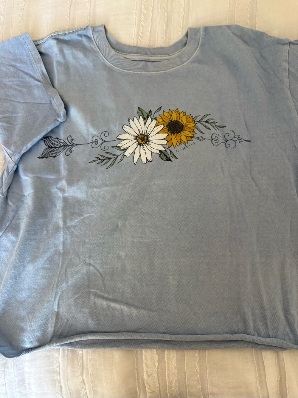 O'Neill Light Blue Tee with White Daisy and Yellow Sunflower Graphic